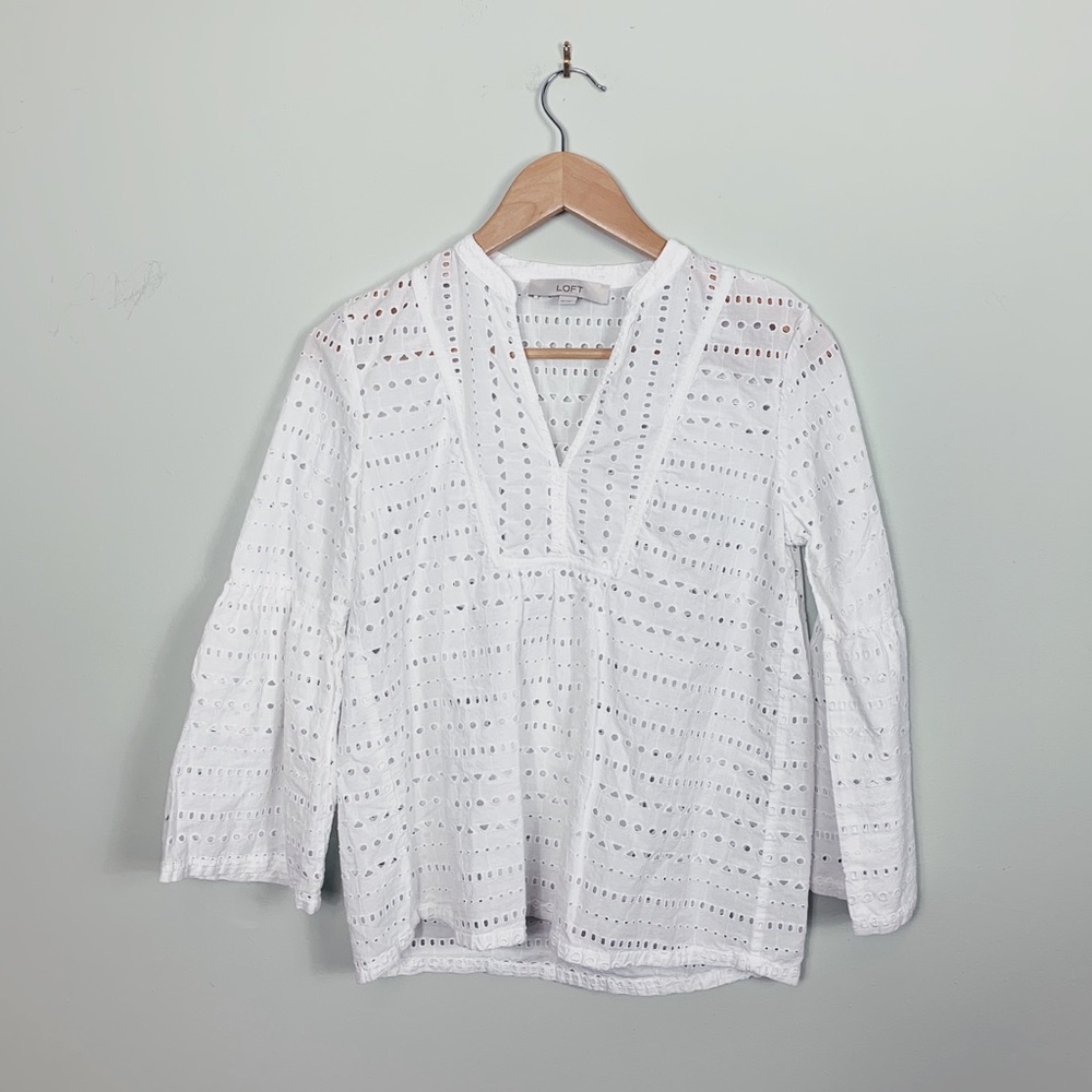 Loft White Eyelet Top Split Neck Trumpet Sleeve